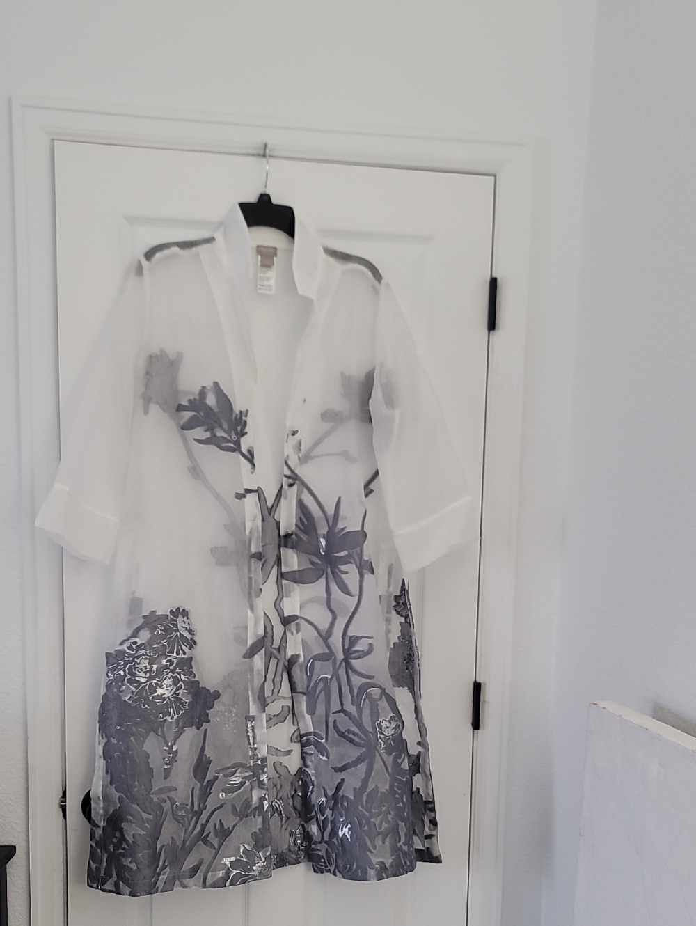 Chico's Sheer White Trench with Gray Floral Appliqué